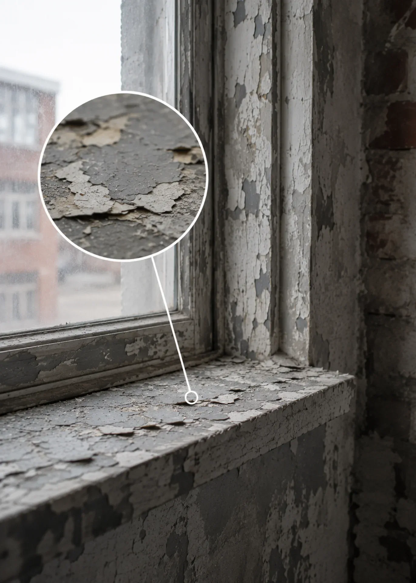 Skadet vindueskarm med flagerende maling og råd, klar til nedrivning og renovering.