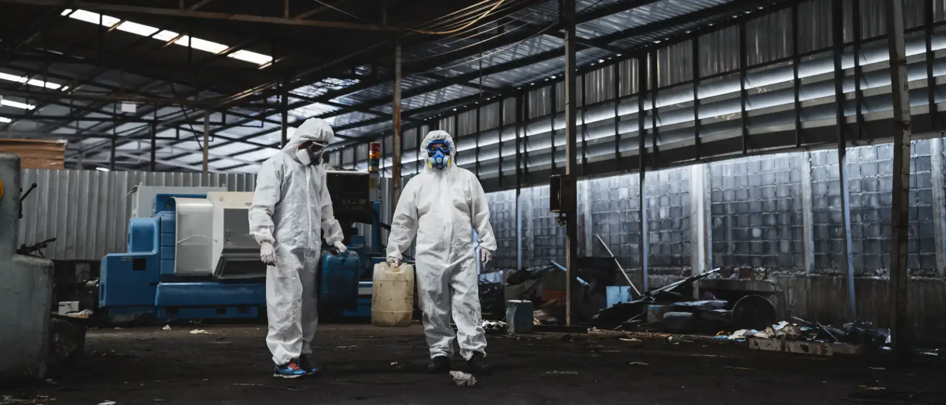 To personer i beskyttelsesudstyr arbejder i en industriel nedrivningszone.