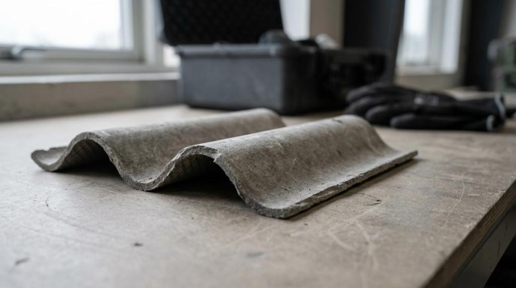 Asbestplader på arbejdsbord i renoveringsmiljø.