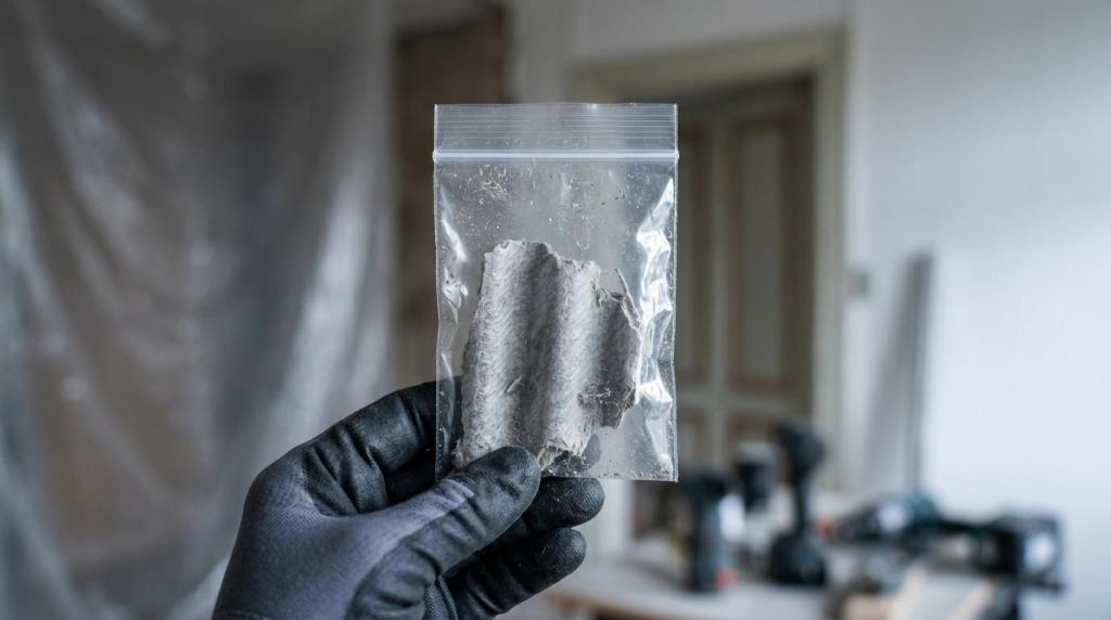 Person holder asbestprøve i plastpose til inspektion.
