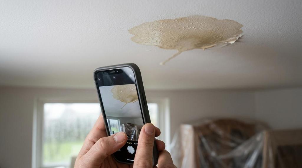 Person tager foto af fugtskade i loftet med smartphone.