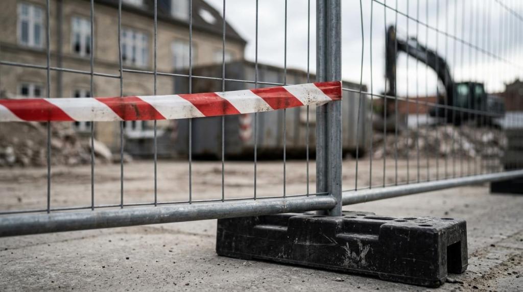 Sikkerhedsbarrierer og afspærring ved byggeplads.