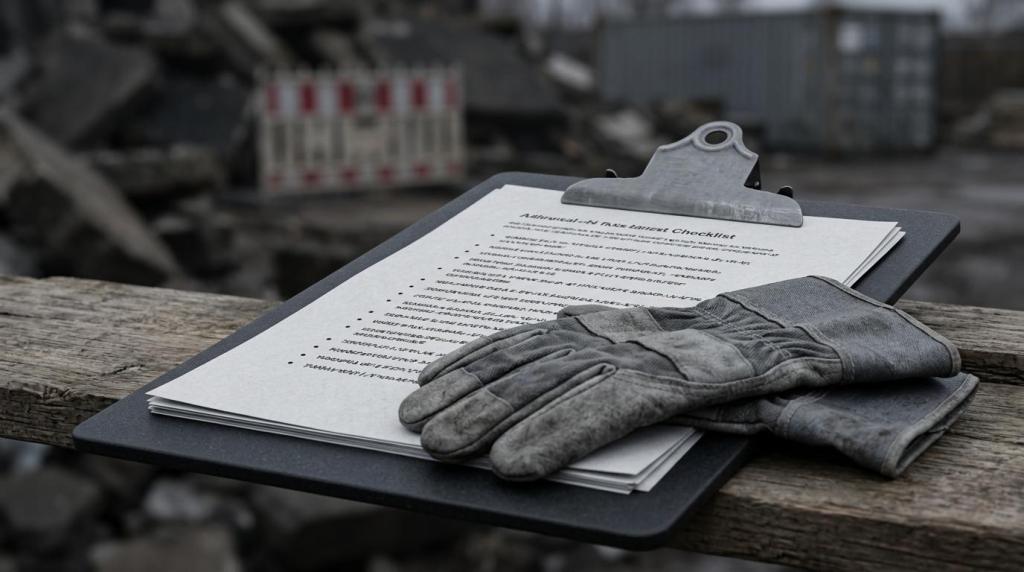 Nedrivningsplan og handsker til sikkerhed på byggepladsen.