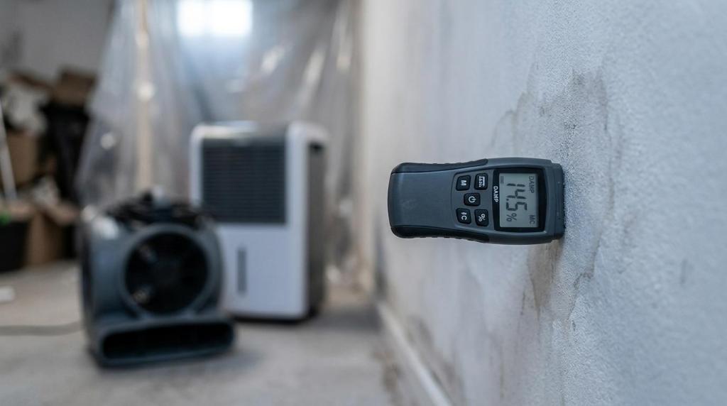 Elektrisk måler på væg til vurdering af vandskade.