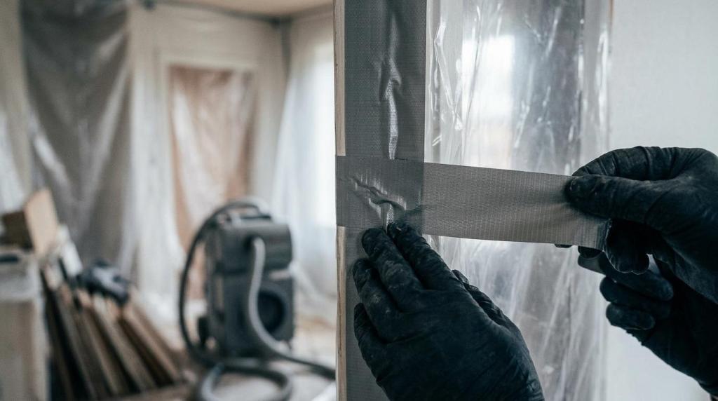 Førtidssikring af væg med plastfolie under skimmelsanering.