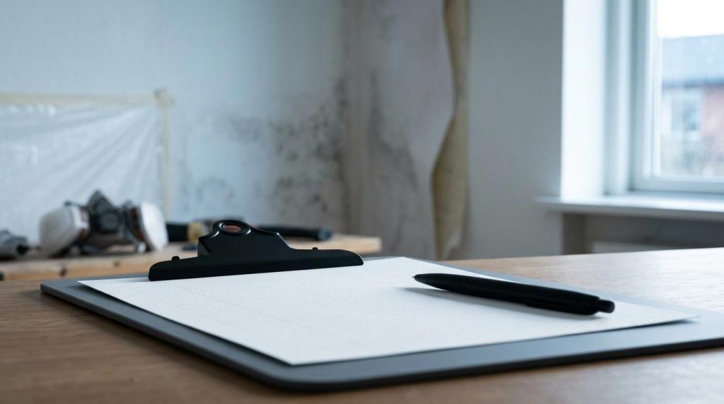 Clipboard, pen og rapportark på skrivebordet.
